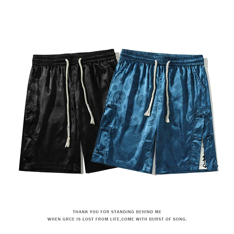 Plate Button Shorts Men's Stylish Flower Print Casual Pants Large Size Splicing Colour-blocking Drawstring Short Pants