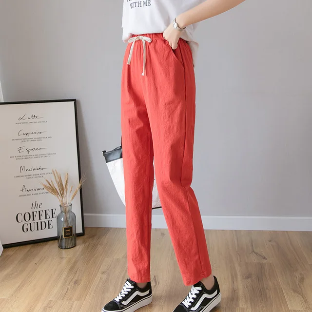 Women Casual Harajuku Long Ankle Length Trousers 2022 Summer Autumn Large Solid Elastic Waist Cotton Linen Pants Black Pants Orange