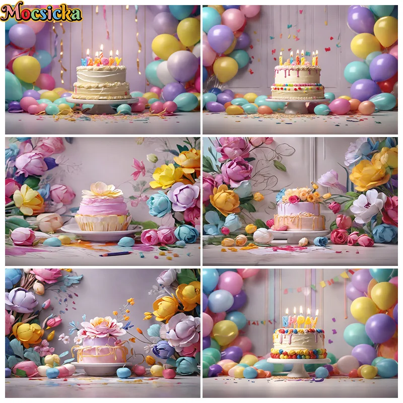 

Mocsicka Kids Birthday Party Photography Background Balloon Flower Decor Newborn Baby Birthday Cake Smash Photo Backdrop Banner