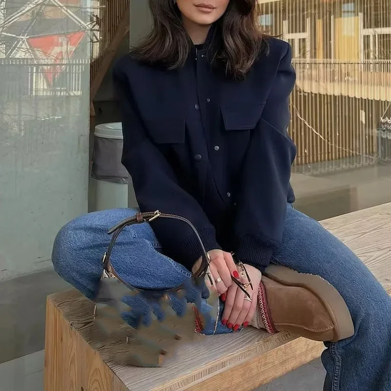 Women's Bomber Jackets Coat Crop Outwear Armygreen Long Sleeve Coat With Pocket Solid azatrafins Woman Jacket Navy Blue Jackets