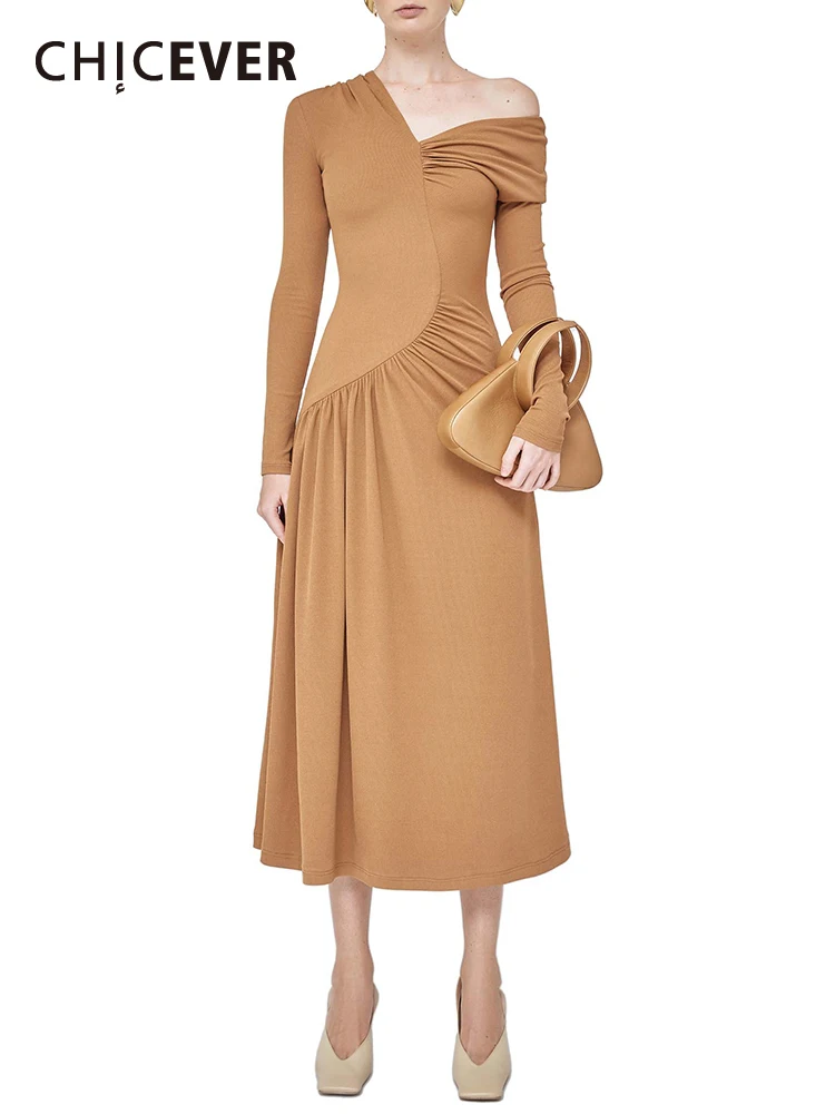 

CHICEVER Off Shoulder Dresses For Women V Neck Long Sleeve High Waist Tunic Slim Solid Folds Temperament Maxi Dress Female 2024
