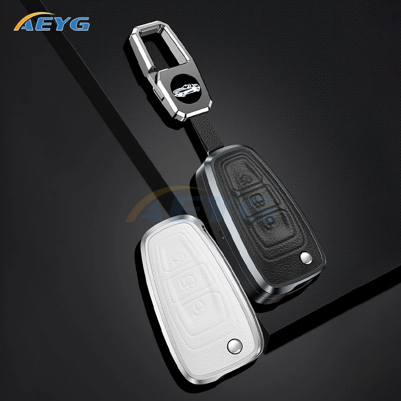 

Leather+Metal Car Key Case Cover For Ford Fusion Fiesta Mondeo Ecosport Kuga Escort Everest Ranger F150 Shell Fob Accessories