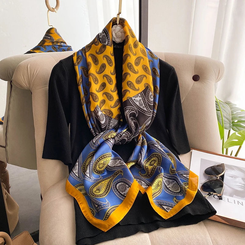 

Luxury Brand Satin Silk Square Scarf for Women Design Headband Beach Stoles Large Shawl Wraps Ladies Neckerchief Hijab Bandana