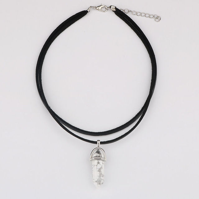 Crystal Chakra Pendulum Pendant Necklaces For Women Teens Girls Hexagonal Stone Leather Choker Chain Statement Necklace