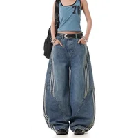 Retro American High Street Washed Denim Jeans Women's Design Sense Three Stripe Patchwork Wide Leg Long Pants