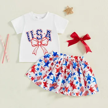 Infant Girl Patriotic Outfit American Flag Print Ruffle Sleeve Top and Denim Shorts Set for 4th of July Celebration 2