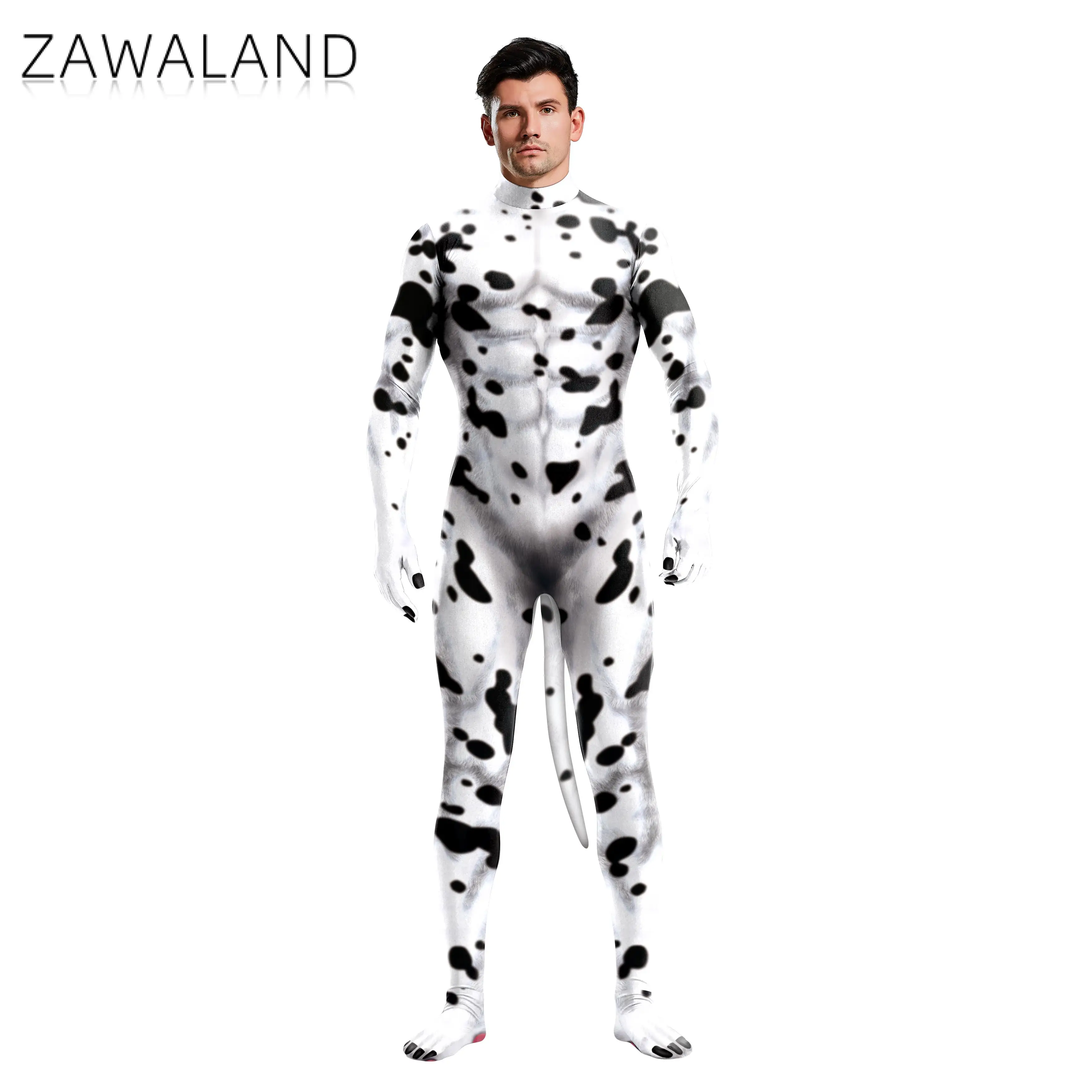Cosplay Costume Zawaland Milk Cow Cosplay Costume Animal Printed Full Cover Suit Adult Jumpsuit Zentai Carnival Catsuits with Tail Fancy Outfit Cosplay Costume