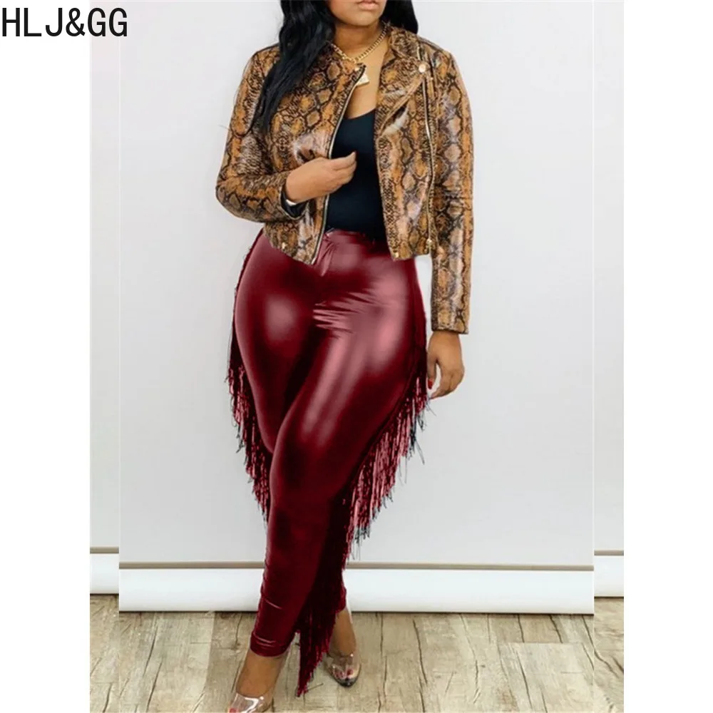 HLJ&GG Casual Solid Color PU Leather Tassels Pants Women High Waist Button Skinny Trousers Fashion Female Matching Bottoms 2024