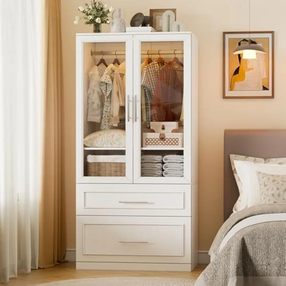 Armoire Wardrobe Closet Door and Drawers, Bedroom Closet Wardrobe Cabinet with Hanging Rod, Lighted Freestanding Armoire 3