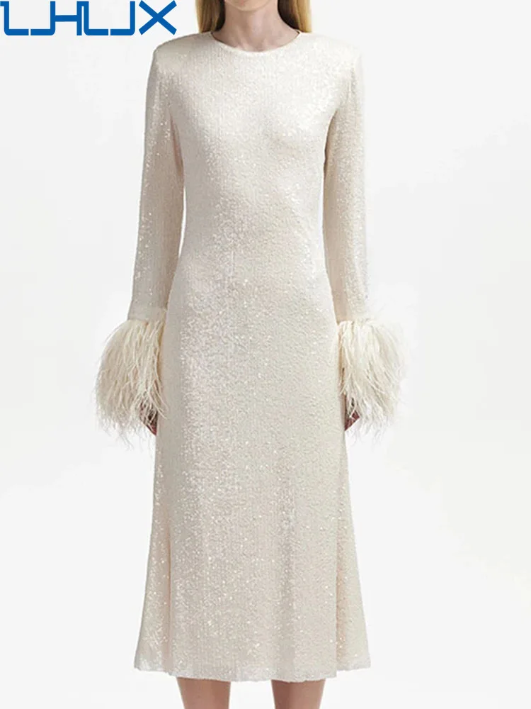 

LJHLJX Elegant Socialite Women Feather Patchwork Sequin Design O-neck Slim Fit Mid Long Evening Dresses Female Spring 2024 AH695