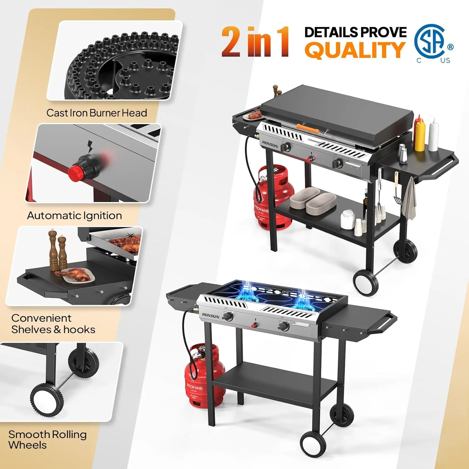 Burner Outdoor Propane Gas Stove with Griddle, Auto-ignition, Regulator & Side Shelves, 150,000 BTU Powerful Stand Cook 4