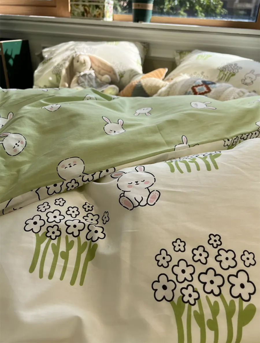 

Fashion cute flower rabbit green bedding set teen,twin full queen lovely cotton home textile bed sheet pillow case quilt cover