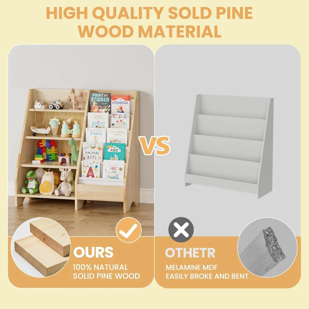 Kids Bookshelf, Solid Wood Bookshelf Bookcase Storage Organizer for Children, 4 Tier Bookshelf 5 Layer Sling Bookcase Toddler