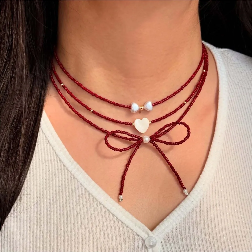 Multilayer Dopamine Bowknot Starfish Summer Stylish Beads Chain Necklace for Women Sweet Vocation Beach Jewelry Gifts