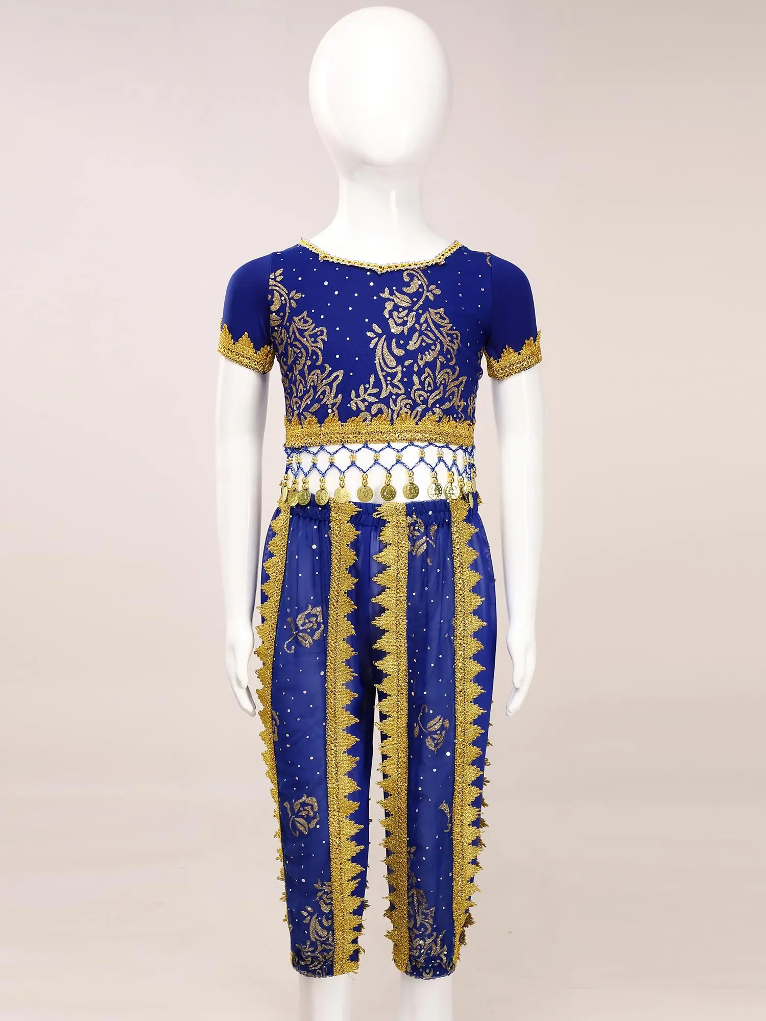 Kids Girls Belly Dance Outfits Shiny Floral Print Short Sleeve Lace-Up Back Sequin Tassels Crop Top Bloomers Pants Waist Chain