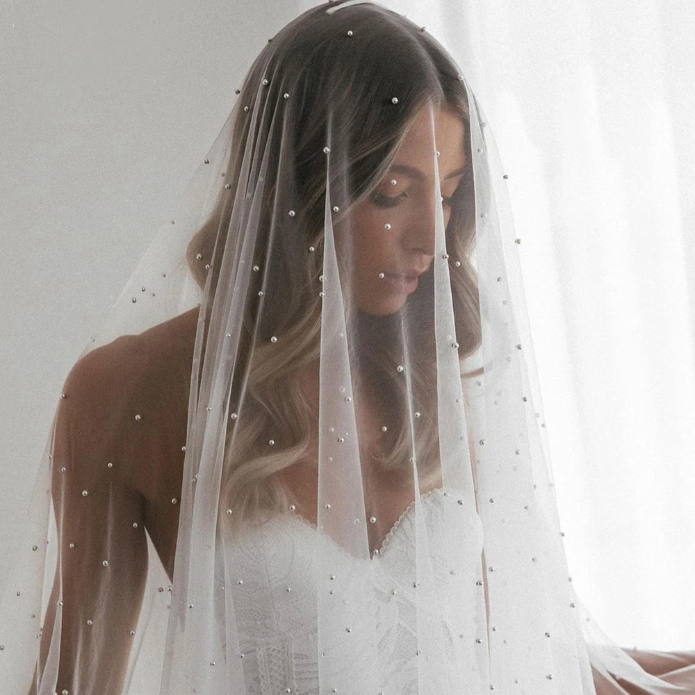

NZUK 2 Layer Cathedral Wedding Veil with Blusher Long Bridal Pearls Veus Bridal Veils Cover Front and Back