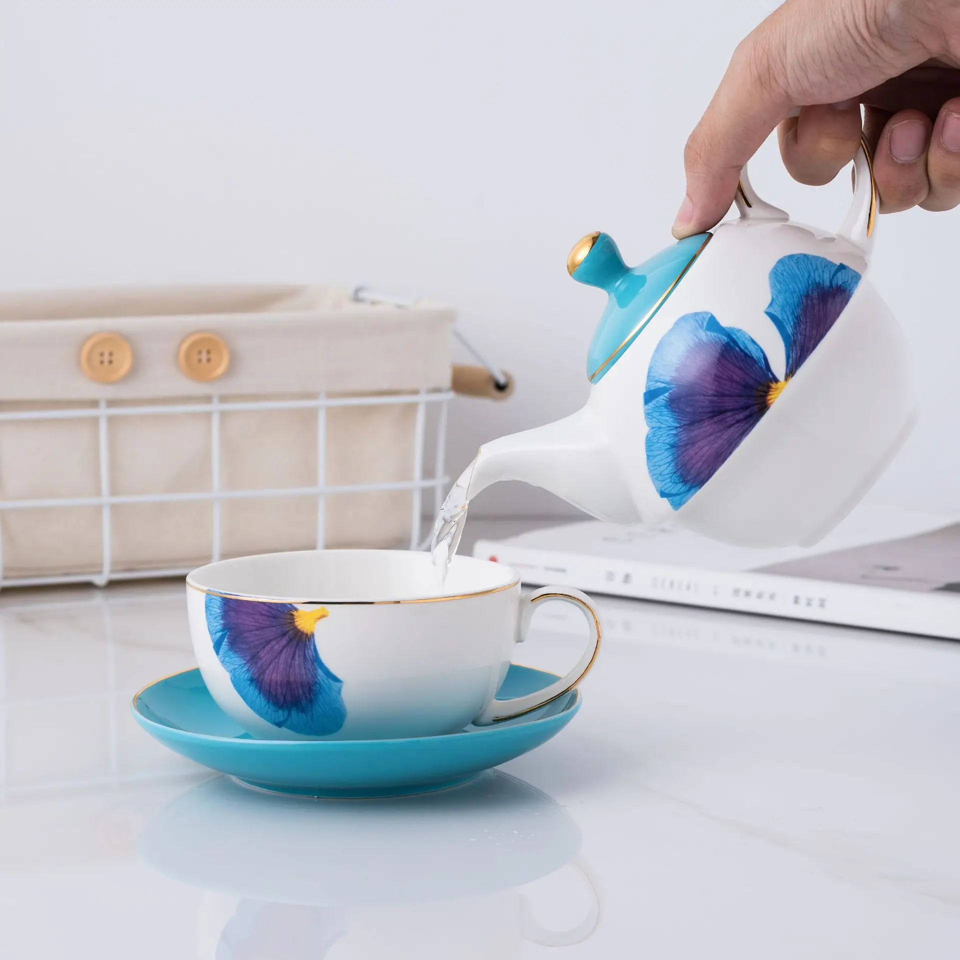 Ceramic Tea for One Set, Teapot with Infuser and Cup Set for One, Blue Flowers/Yellow Butterfly Tea Set with Honey Dipper Stick