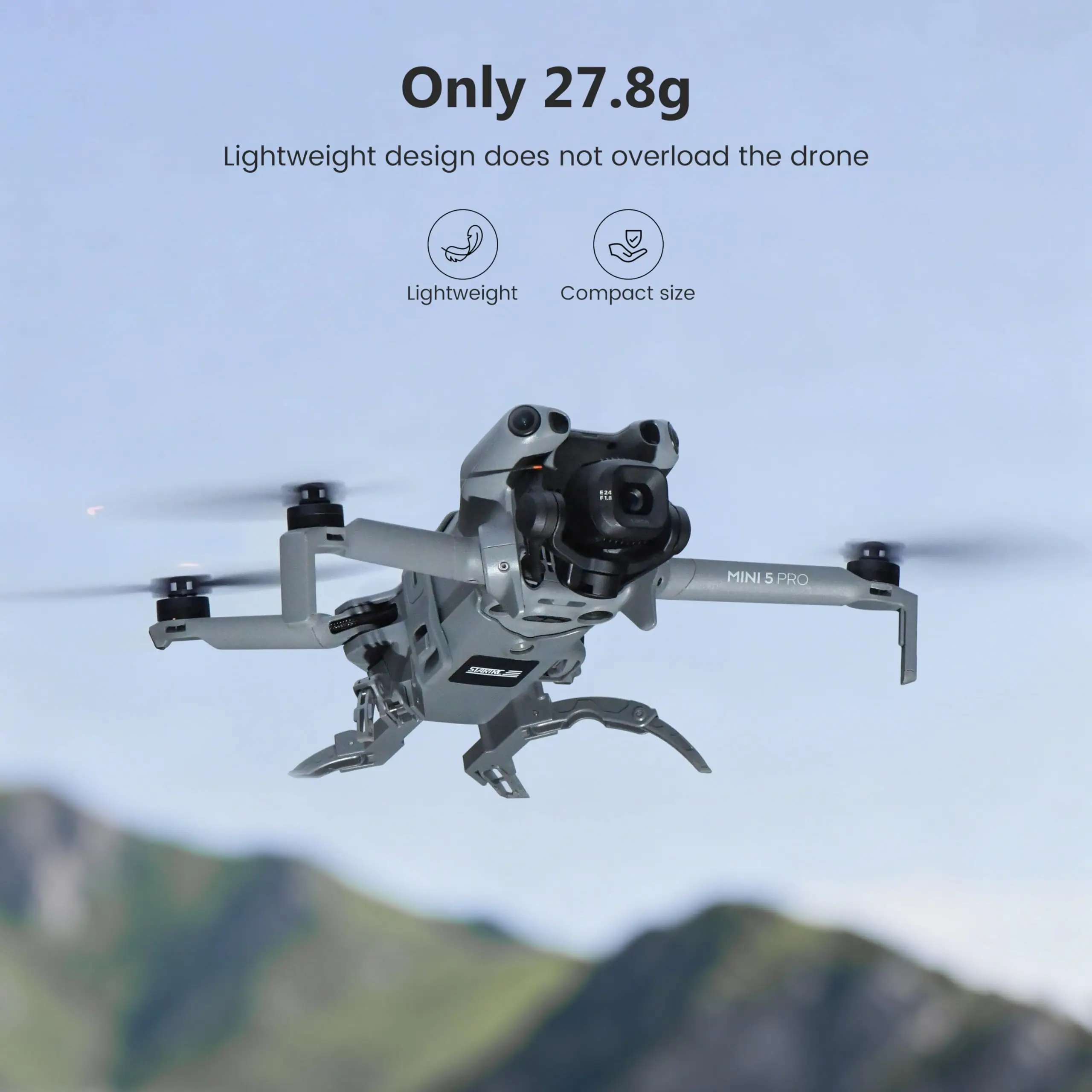Train d'atterrissage pliable installé sur un DJI Mini 5 Pro, prêt à décoller avec une protection renforcée. Achetez le train d'atterrissage pliable pour DJI Mini 5 Pro - Protection optimale.