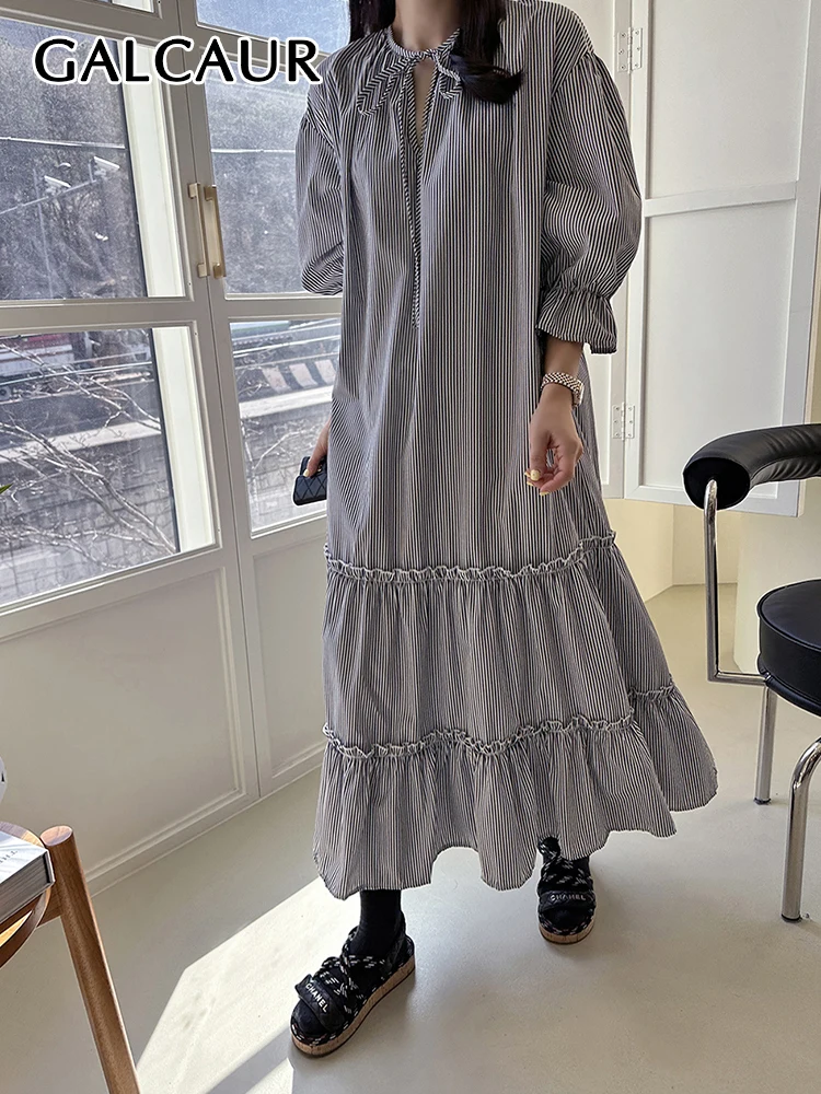 

GALCAUR Korean Chic Dresses For Woemn Round Neck Lantern Sleeve High Waist Patchwork Lace Up Loose Striped Dress Female Style