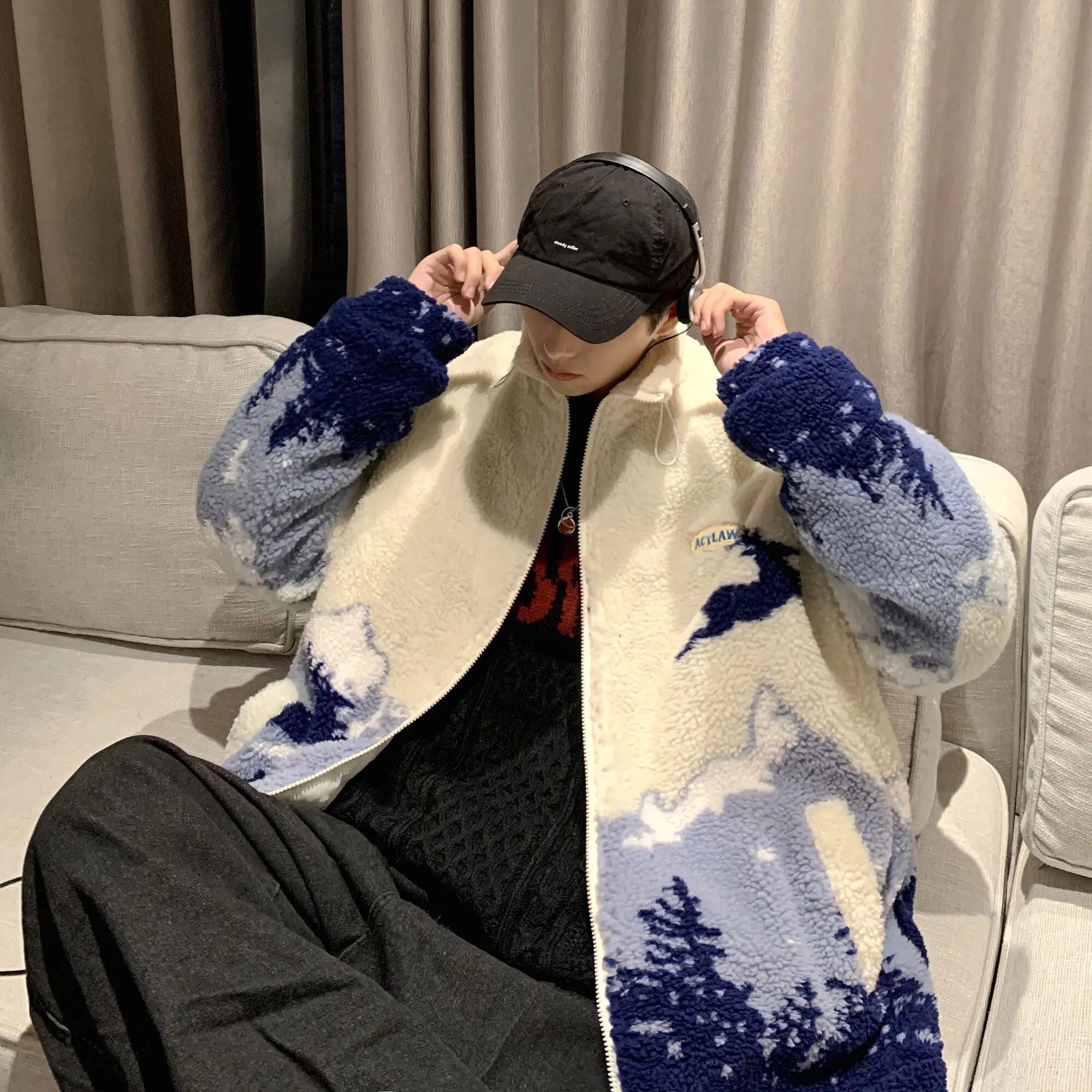 

Privathinker Men' Christmas Lamb Wool Jackets New Standing Collar Thicken Harajuku Coats Parkas Loose Hip Hop Male Winter Coats