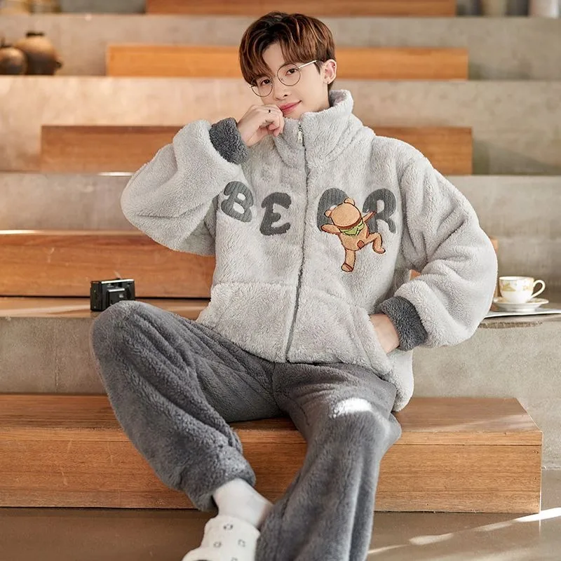 Pajamas Men Autumn Winter Coral Fleece Thickened Fleece-lined Youth Warm Nightclothes Suit Flannel Student Cartoon Homewear Sets