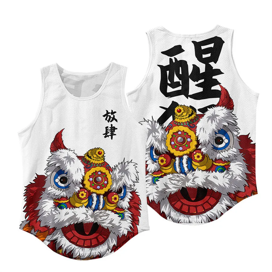 

3D Chinese Style Lion Dance Print Kawaii Cosplay Tank Top Men Summer Vest Fashion Harajuku Sleeveless Clip Back T-Shirt