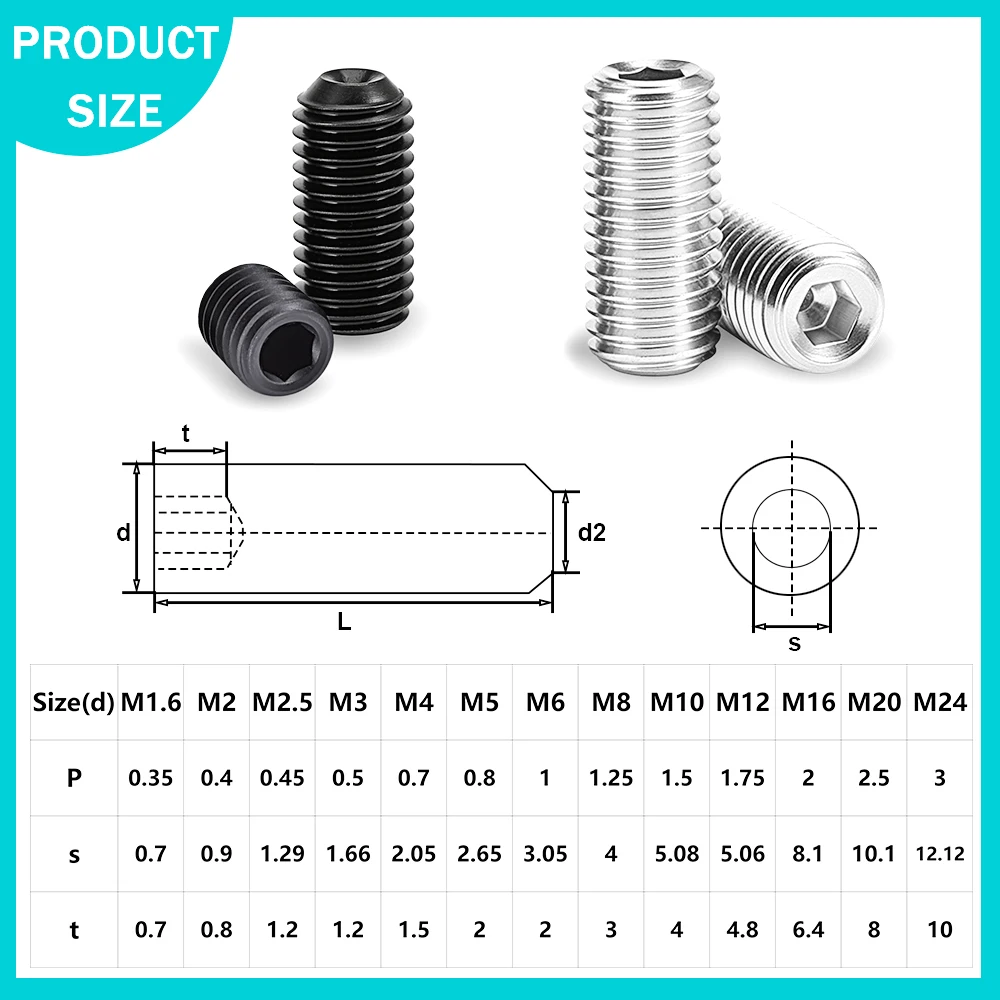 Hex Socket Screw Hexagon Socket Screw Hexagon Socket Head Screw Stainless Steel Screw M1.6 M2 M2.5 M3 M4 M5 M6 M8 M10 DIN916 304 Stainless Steel Grade 12.9 Carbon Steel Hexagon Socket Set Screws Grub 5-100pcs