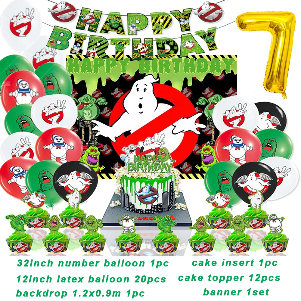 Cartoon Ghostbusters Thema Geburtstags feier liefert Jungen grünen Geist Ballon Banner Hintergrund Kuchen Topper Kinder Baby Dusche Geschenk – Detail 8