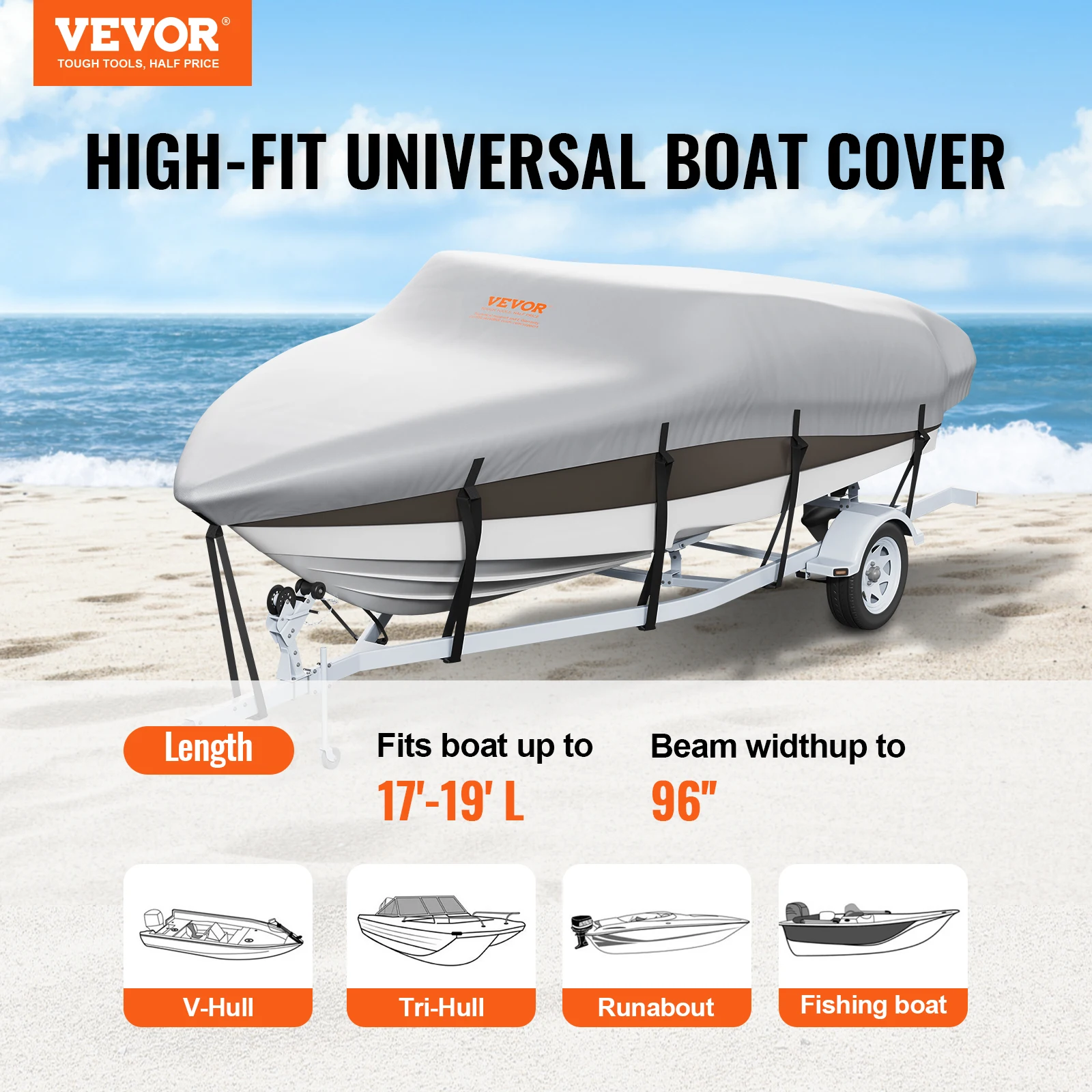 Boat cover,fishing boat cover VEVOR boat cover 17'-19' trailerable waterproof boat cover 600D marine grade PU Oxford with motor and buckle straps grey
