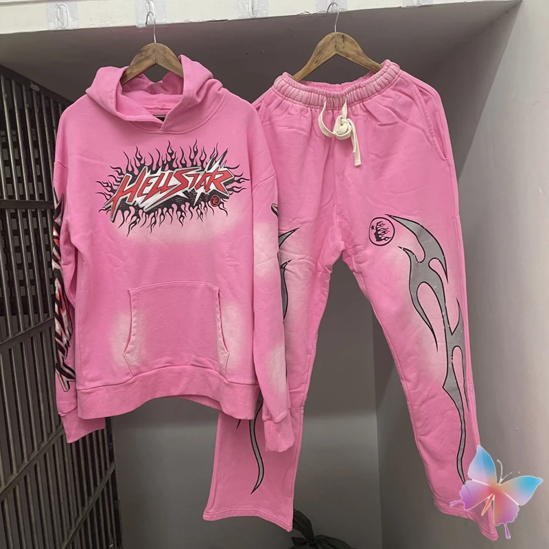 

Зимние розовые толстовки с капюшоном HELLSTAR, винтажные толстовки с принтом в виде пламени, свитшоты с оригинальным ярлыком, винтажные уличные мужские и женские спортивные костюмы в виде Алла и звезд