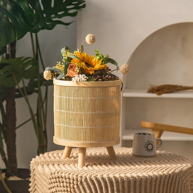 Anti-rust Bamboo Flower Stand for Bedroom Chinese Short-legged Plant Stand Nordic Simple Floor-standing Plant Shelves for B&B