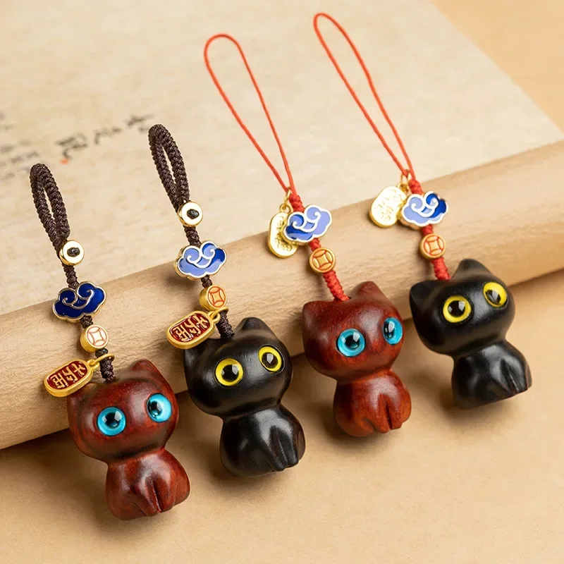 

Sandalwood Animal Cat Keychain Retro Vintage Key Chains Custom Wooden High-end Decoration Wood Car Bag Phone Keyring Pendant