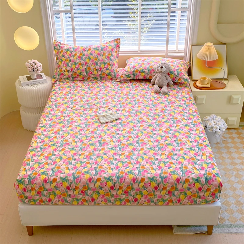 2025 New All-cotton Single Bedding Printed Tulip Bedspread Skin-friendly Breathable Mattress Cover 360 Degree Wrap with Elastic 2