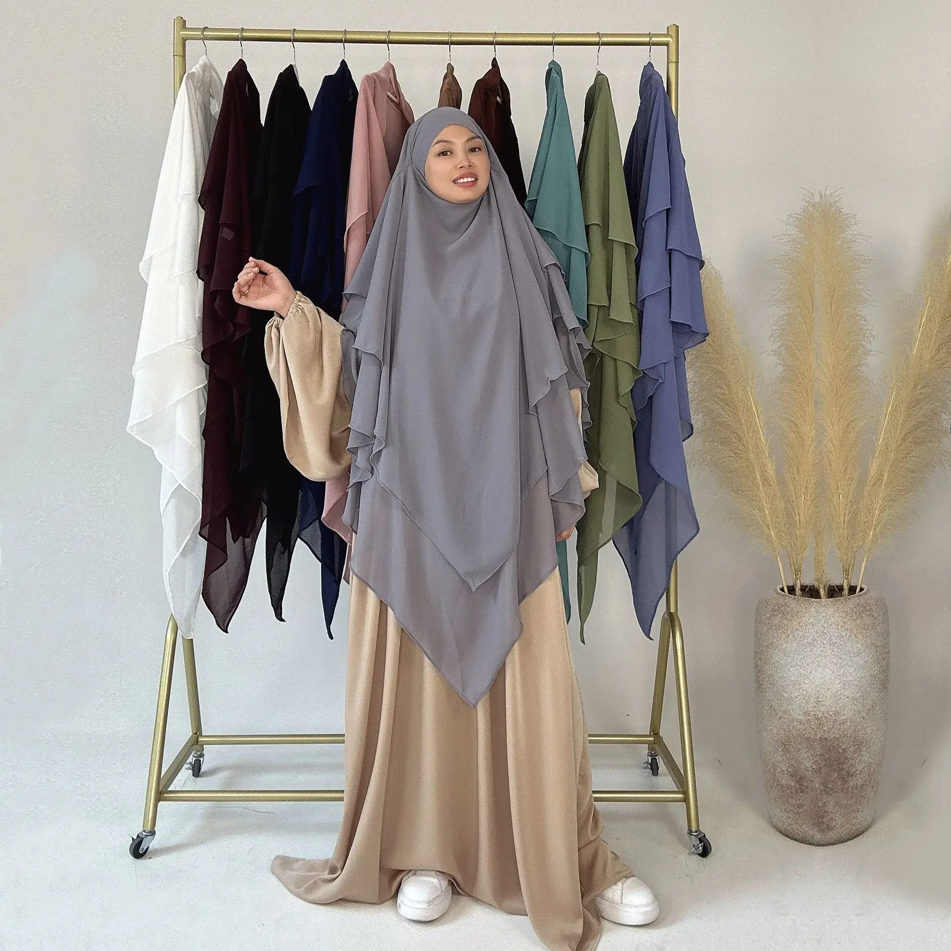 3 Layer Khimar for Muslim Women Islamic Prayer Clothes Chiffon Hijabs for Woman Dubai Turkey Headcover Ramadan Niqab Hijab Scarf