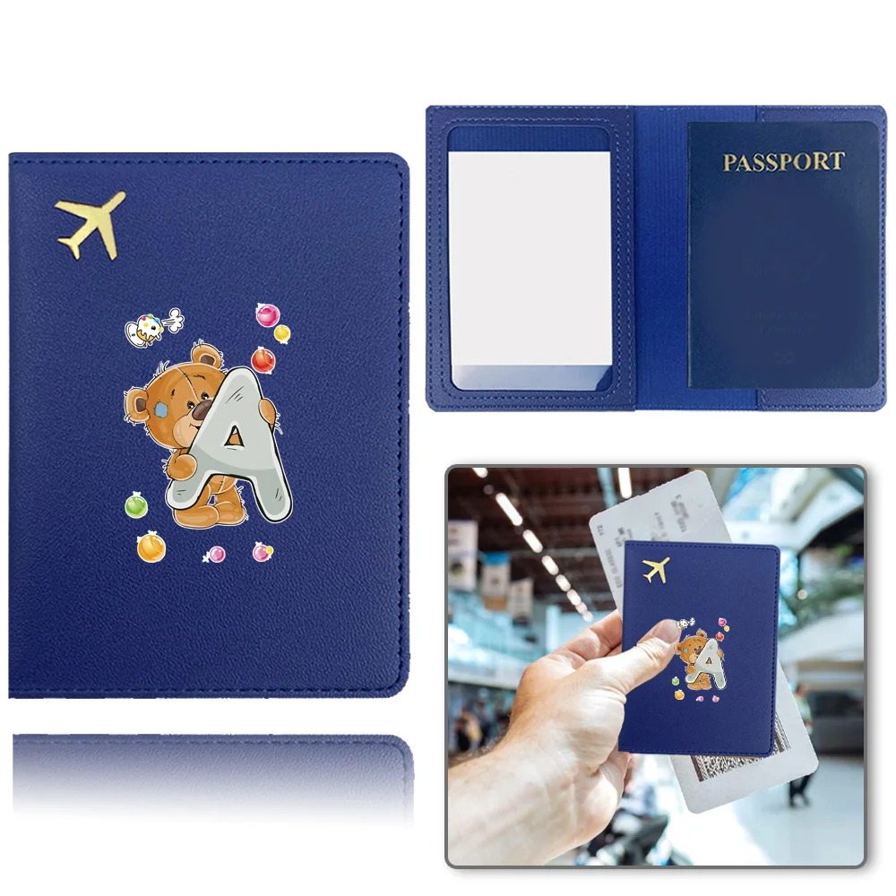 여행용 휴대용 여권 커버 접이식 지갑, PU 여권 클립 보관, 명함 신용 카드, 은행 카드, 곰 문자 패턴