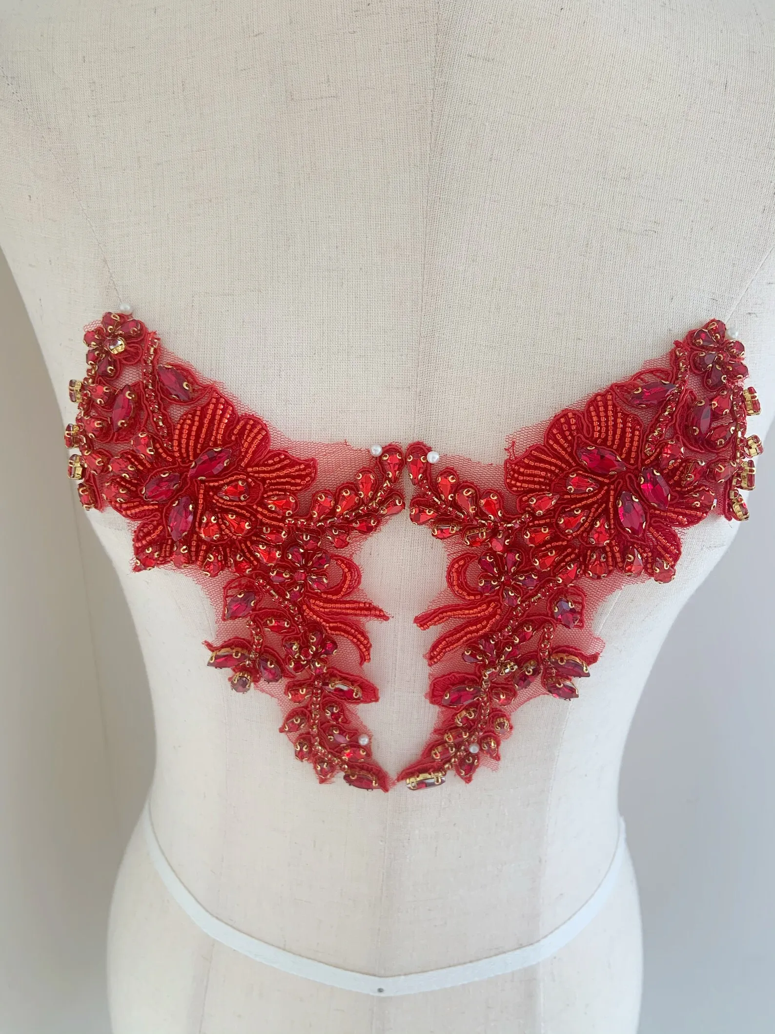 

1 Pair Red Rhinestone Bodice Applique with Florals Motif for Couture Costume