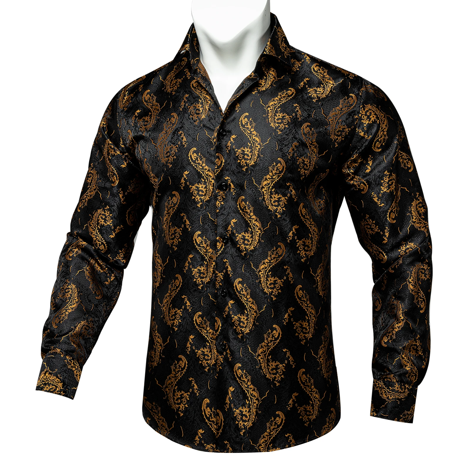 Men's Business Dress Shirts Black Gold Long Sleeve Formal Button-Down Collar Social Slim Fit Shirt Spring Man Casual Blouse
