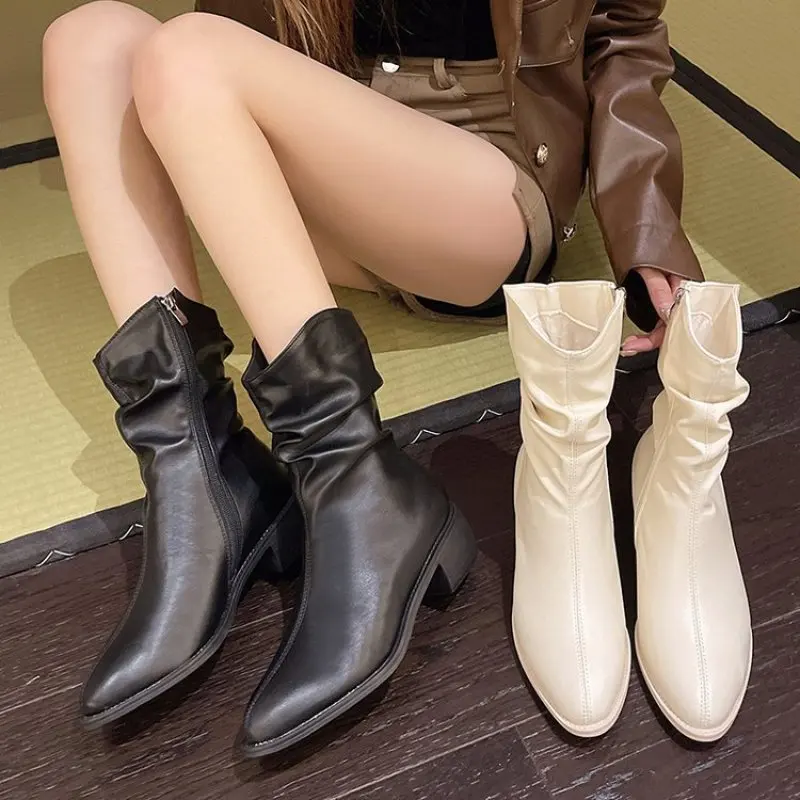 Female Western Boots Cowboy Boots Women Plested Women Ankle Boots Pu Leather Shoes Autumn Boots Women Booties Lady Plus Size 40