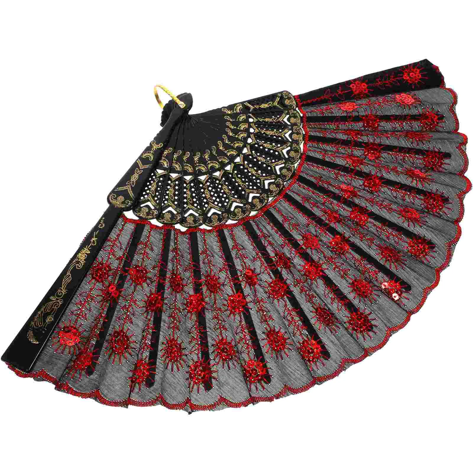 여성용 스페인어 접이식 손 선풍기 자수 팬, 접이식 스팽글, 보라색 미스 