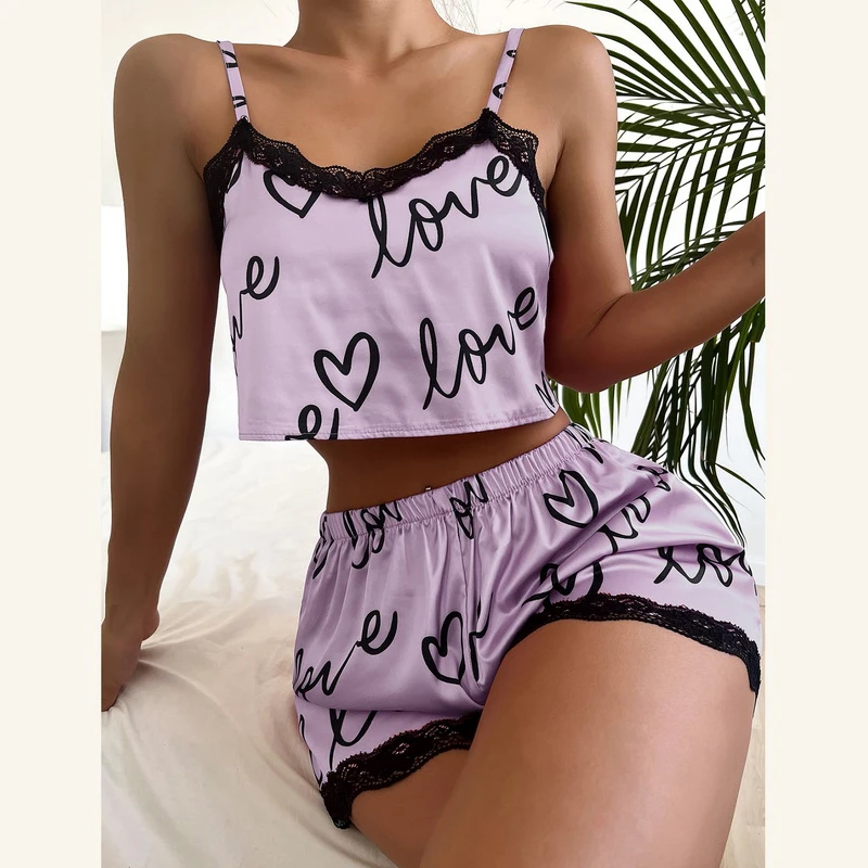 2pcs/set Pajama Suit for Women Sexy Cute V-Neck Lace Love Heart Printed Suspenders Tops Shorts Nighty Sleepwear Homewear Set