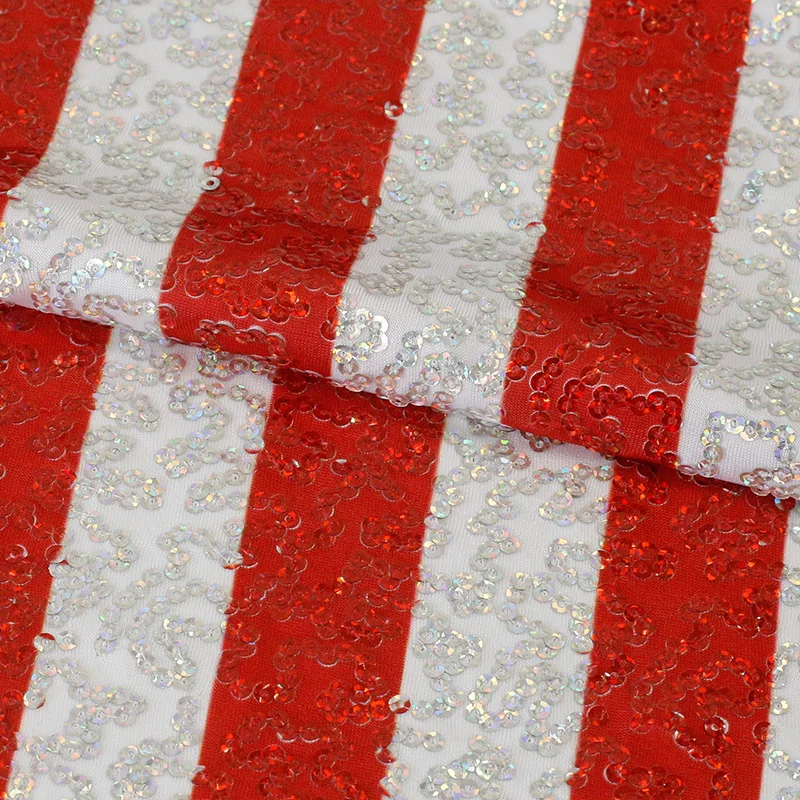 Glitzy Embroidery Sequin Red Stripe Printed Stretch Knit Ground Clothsing Making Party Events Dancewear Fabric