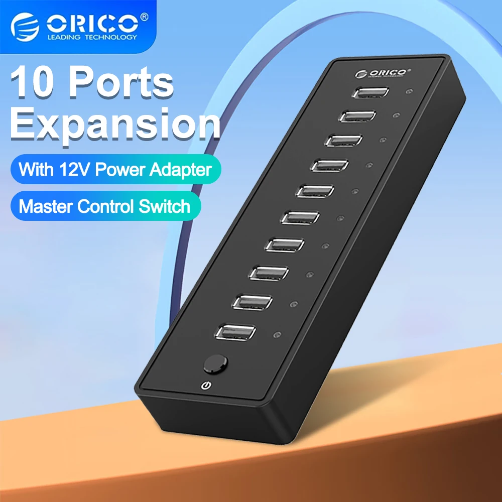 Orico-alta Velocidade Usb Hub com 10 Portas Abs Usb 2.0 12v Adaptador de Energia Divisor para pc Acessórios de Computador Cabo de Dados 1m