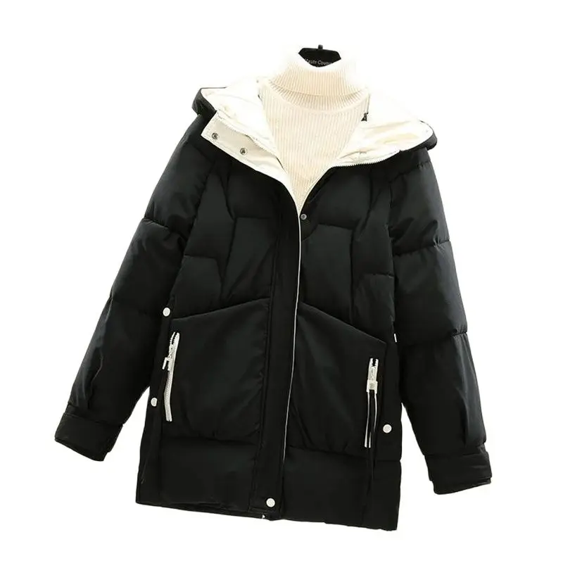 

Winter Mid-Long Cotton Jacket Women 2023New Loose Hooded Coat Pure Colour Thicken Outerwear Fashion Pocket Parka Overcoat Female