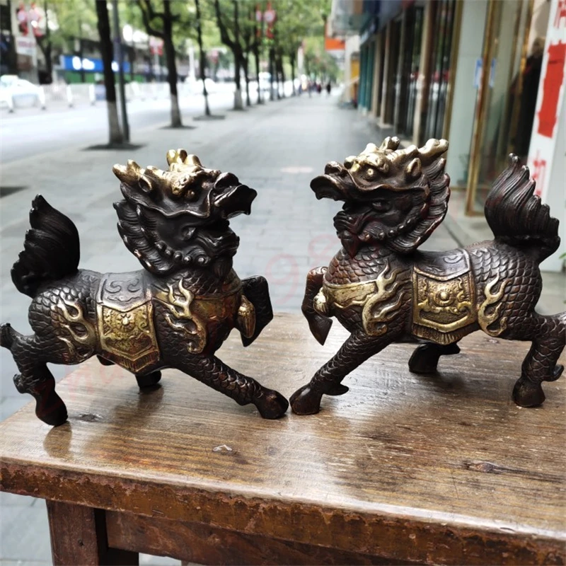 

Brass gilded kylin, a pair, fire kylin, exquisite household craft feng shui ornaments,zhenzhai