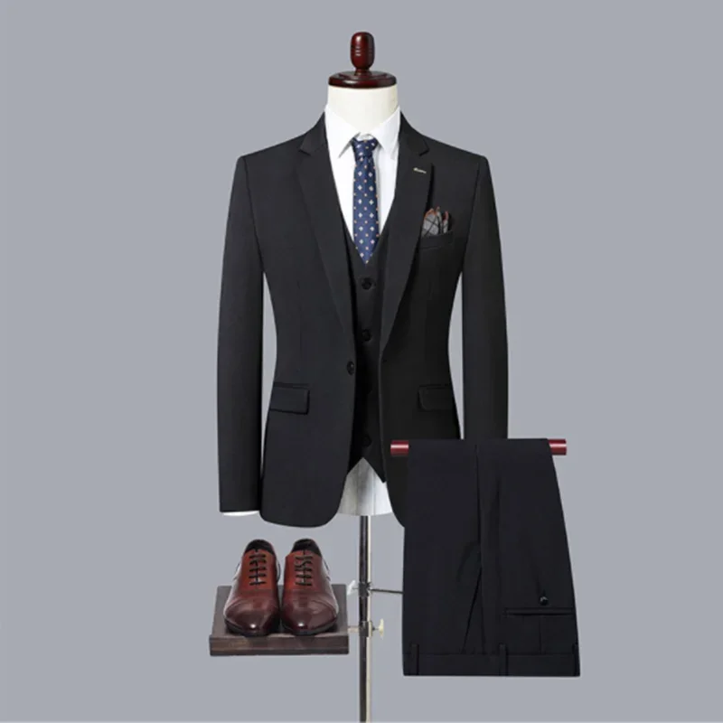 Autumn and Winter Men Business Casual Single Breasted British Men's Suits 3 Sets (jacket + Vest + Trousers) Men Wedding Best Man