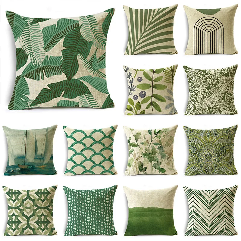 

WZH Green Collection Leaf Pattern Simple Geometric Figures Pillowcase for Car Bedroom Decor Linen Cushion Cover 40cm 45cm 50cm
