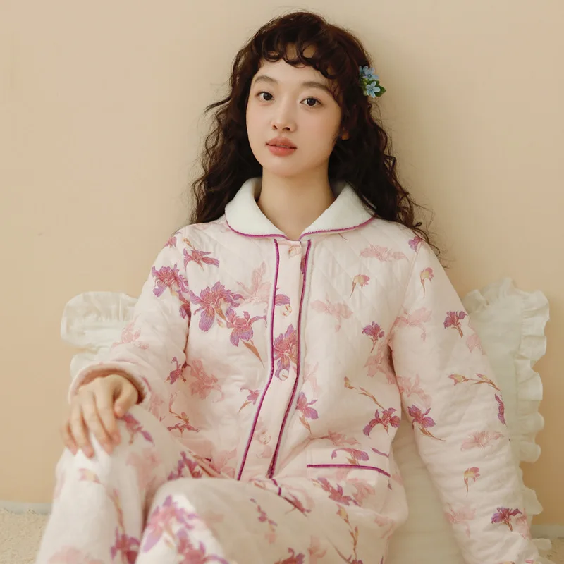 Pajama women's autumn and winter air cotton, pure cotton, winter cotton clip, new thickened and loose fitting home clothing set