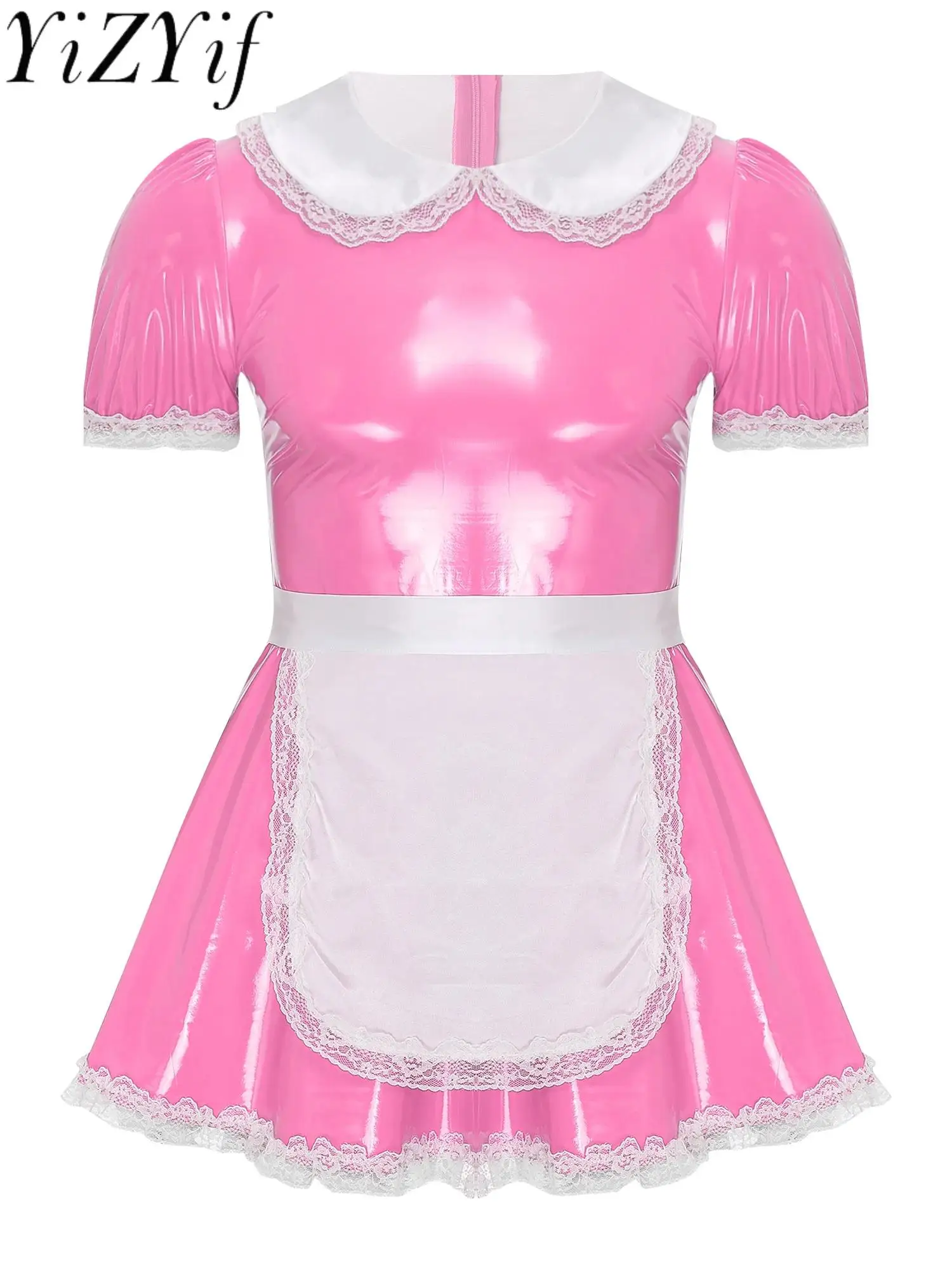 Men-Maid-Uniform-Outfit-Patent-Leather-Short-Puff-Sleeve-Zipper-Dress ...