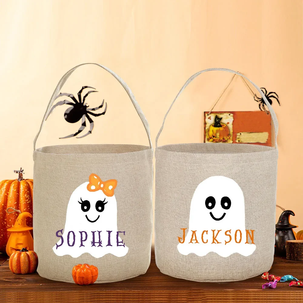 Personalised Trick or Treat Bag Name Halloween Party Candy Bucket Bag Ghost Bat Tote Bags Portable Cookie Basket Kid Gift gift bags