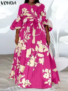 VONDA 2024 Bohemian Women Vintage Printed Maxi Dress Elegant Long Lantern Sleeve Sundress Party Belted Casual Loose Vestidos